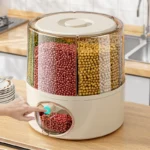 Home and Kitchen Clear Organization Plastic 6-Grid Dry Food Storage Containers 360° Rotating Rice Barrel Cereal Grain Dispensers